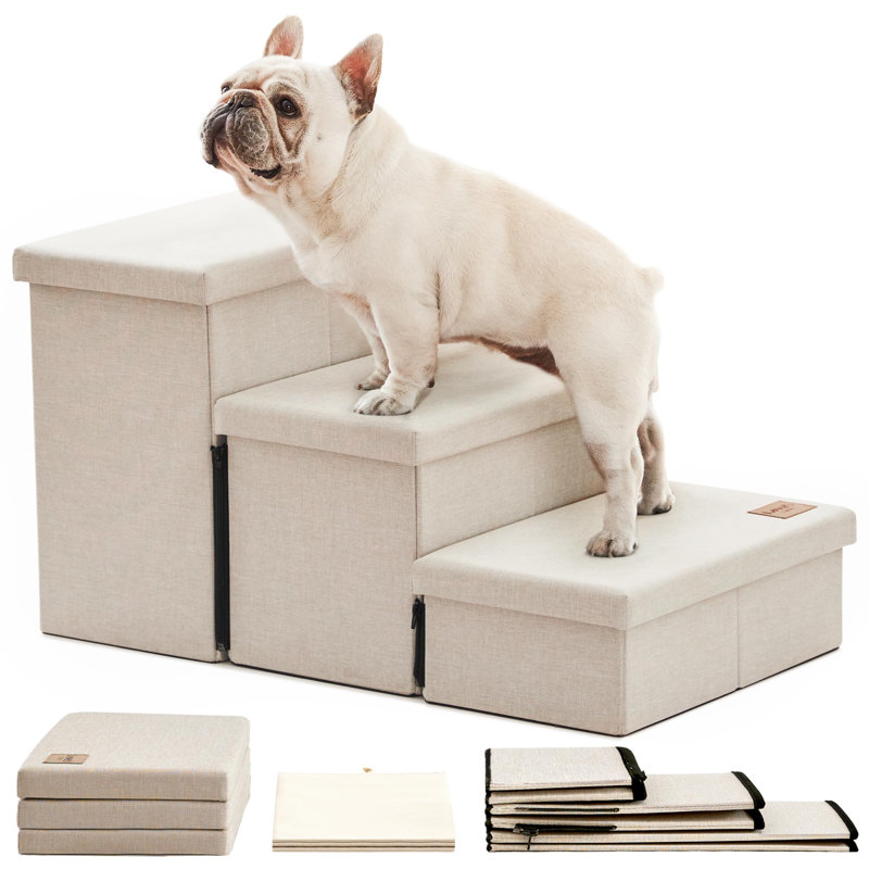 3 In 1 Dog Stairs With Storage Foldable Non Slip Pet Steps For Bed Or Couch 210Lb Capacity Portable Stable Design